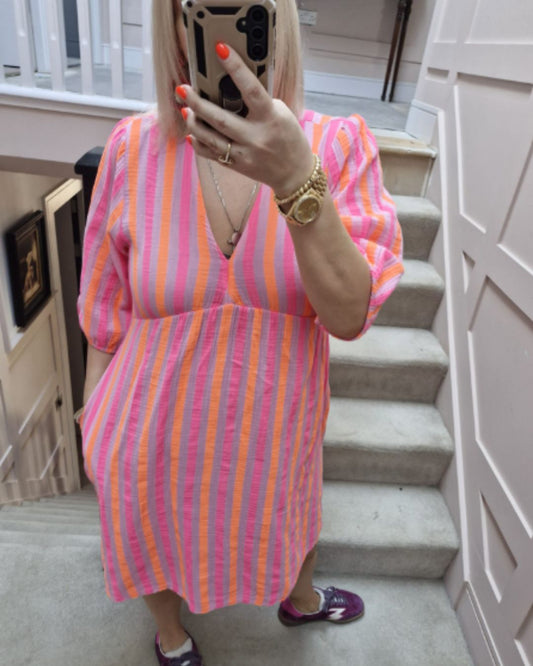 Pina Dress - Fushia & Orange stripe